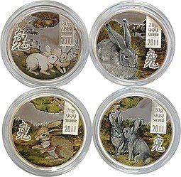фото для Набор 2 доллара 2011 Год кролика Острова Кука 4 монеты Аверс