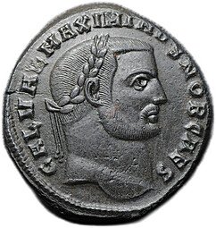 фото для Монета Фоллис 308 Максимин II Даза Виртус с копьем и трофеем ANT Антиохия Римская Империя Аверс