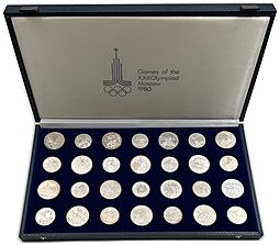 фото для Набор 5, 10 рублей 1977-1980 Олимпиада 80 Москва серебро PROOF 28 монет в синей коробке Аверс